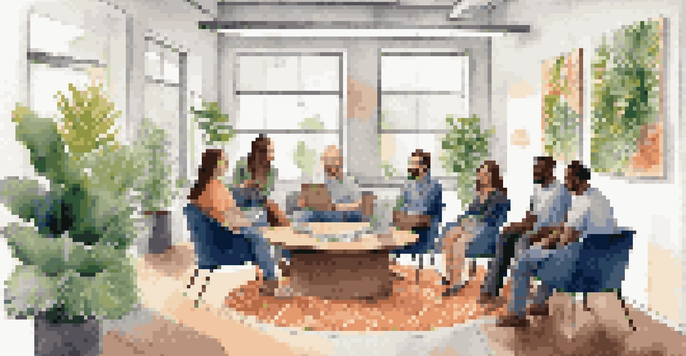 A team meeting in a casual office setting with employees sharing ideas in a circle, surrounded by plants and motivational quotes.