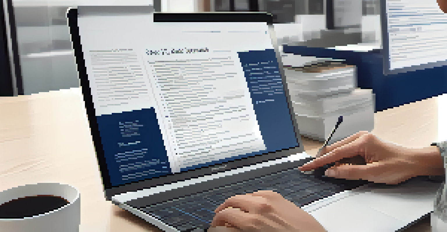 A close-up of a resume on a desk, being reviewed in a professional office environment.