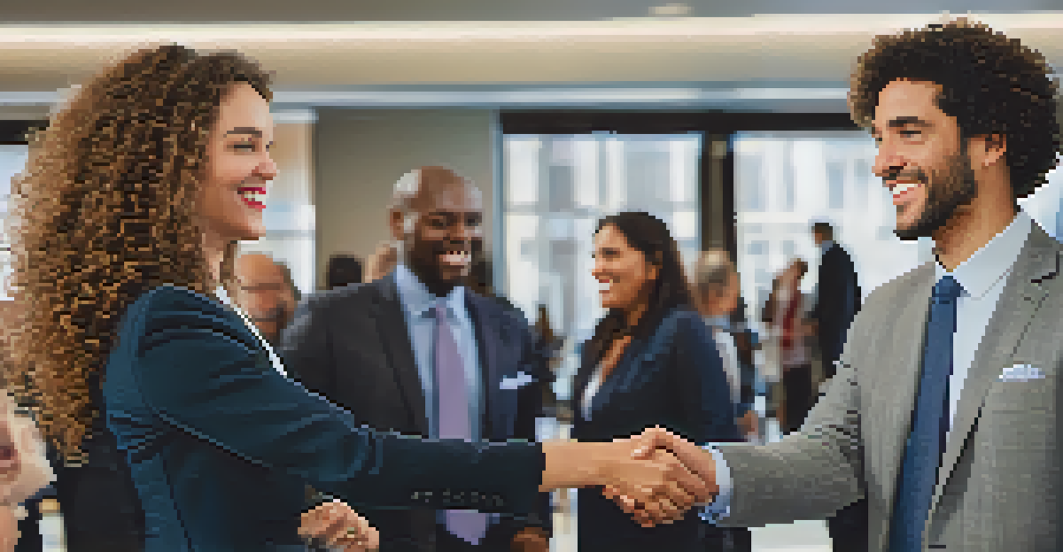 Close-up of a woman confidently introducing herself with a handshake to a man at a networking event.
