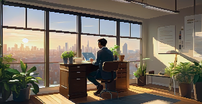 A person sitting at a wooden desk in a bright office, writing in a journal with a coffee cup nearby, surrounded by plants and motivational posters.
