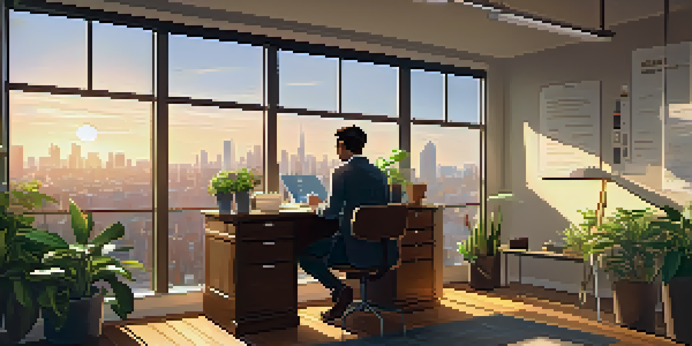 A person sitting at a wooden desk in a bright office, writing in a journal with a coffee cup nearby, surrounded by plants and motivational posters.