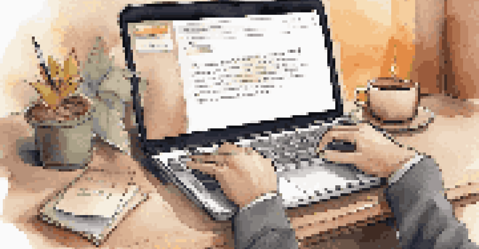 A close-up of a hand writing a follow-up email on a laptop in a cozy workspace.