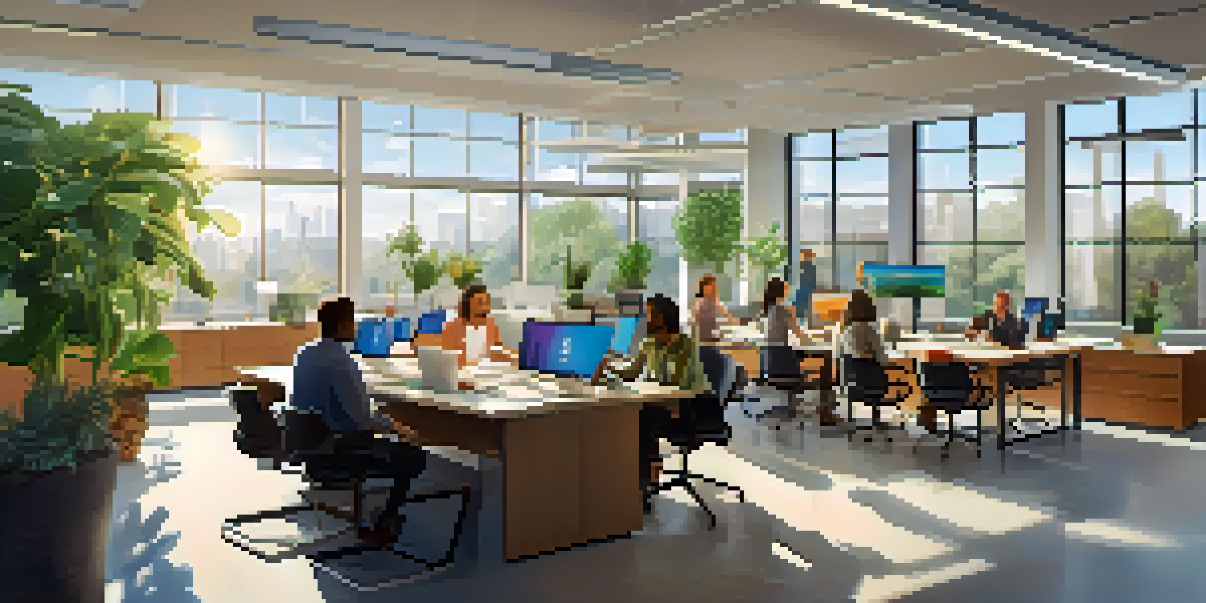 A diverse group of employees collaborating in a bright, modern office with plants and artwork.