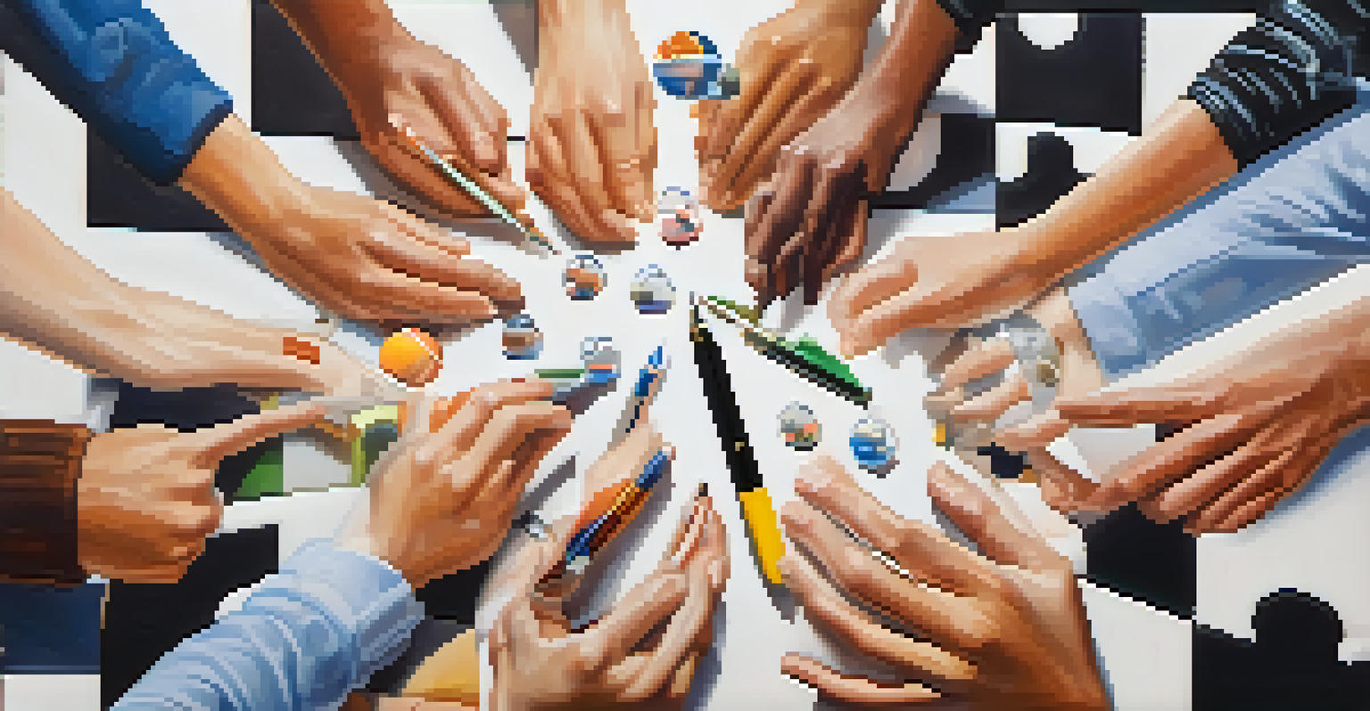A close-up of diverse hands holding various objects representing teamwork, set against a blurred background.