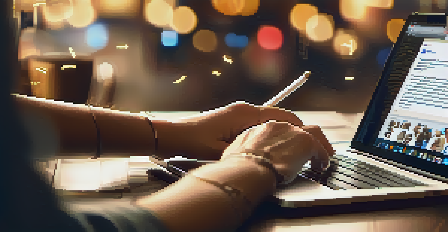 Close-up of hands typing on a laptop surrounded by notes and a smartphone in a cozy coffee shop.