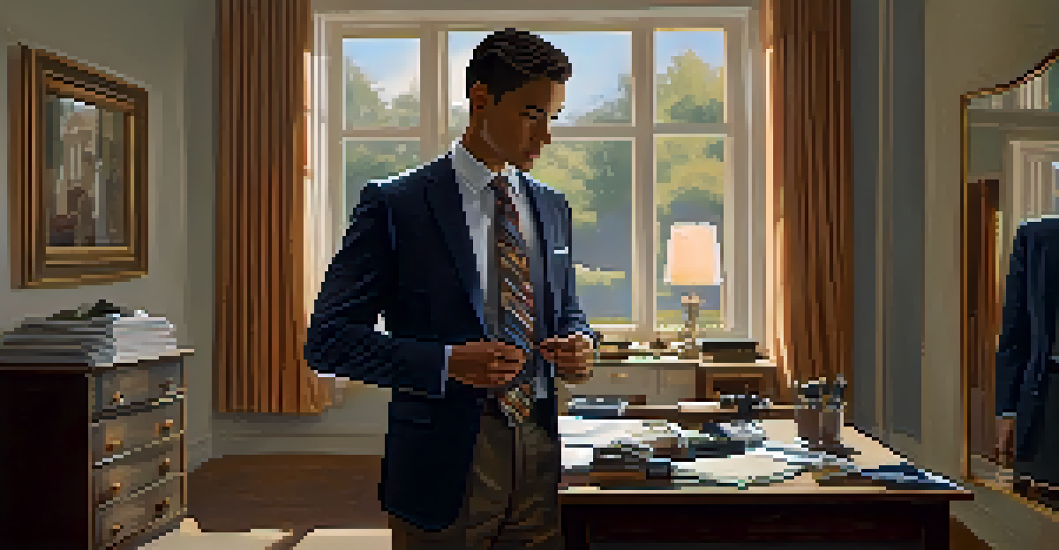 An individual preparing for an interview in front of a mirror, adjusting their tie and practicing, in a well-lit bedroom with a workspace in the background.