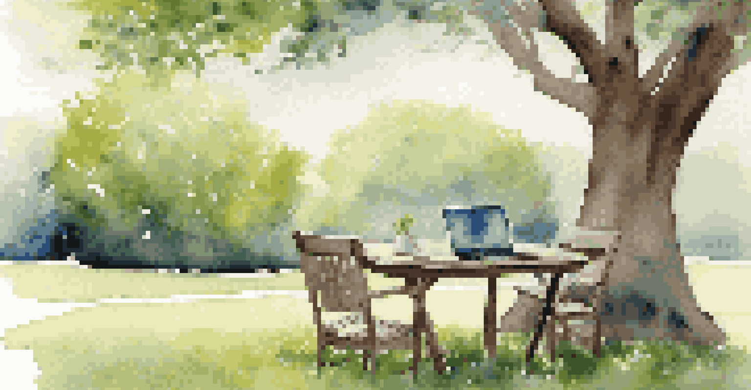 An outdoor workspace with a laptop on a table under a tree, surrounded by grass and flowers, with a person enjoying coffee while working.