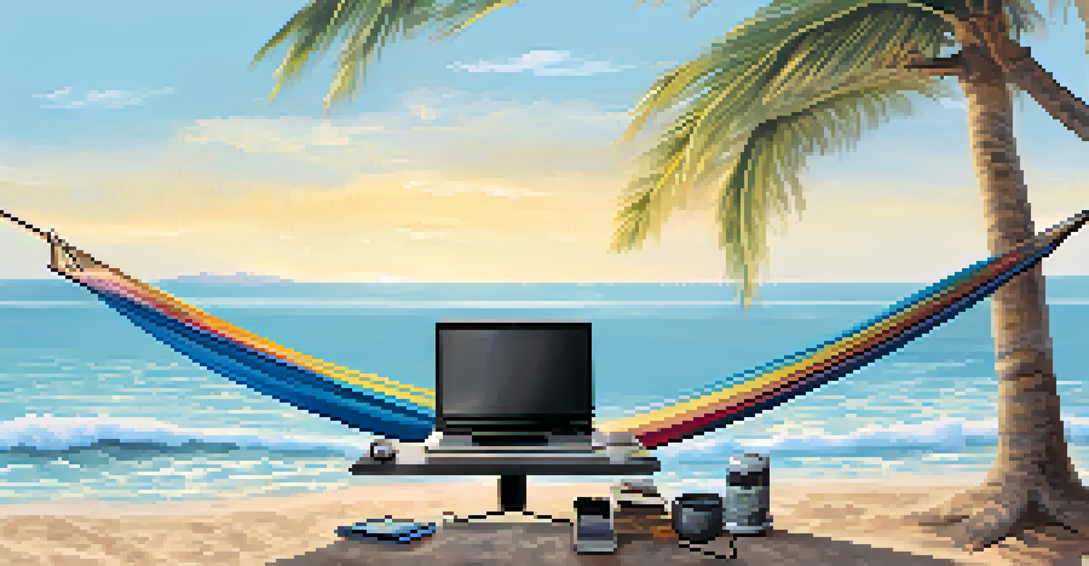 A balance scale with a chaotic workspace on one side and a peaceful beach scene on the other, representing work-life balance.