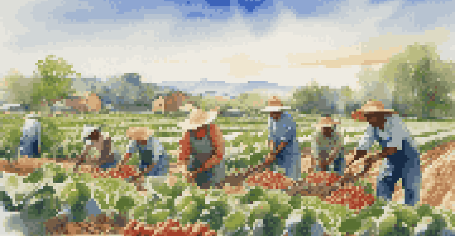 Immigrant workers in an agricultural field, tending to crops under a sunny sky, showcasing diversity and hard work.