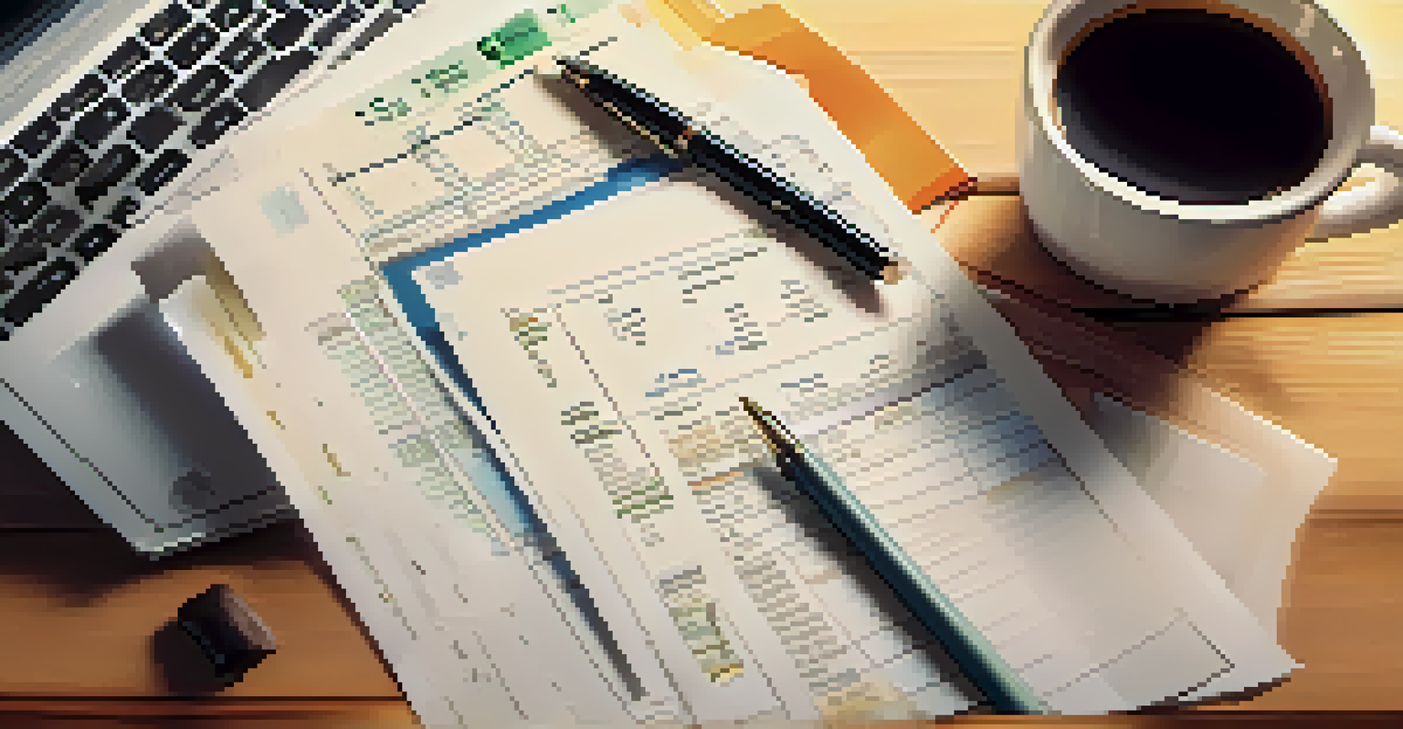 A close-up of a hand writing on a financial plan document with a calculator and a cup of coffee on the desk.