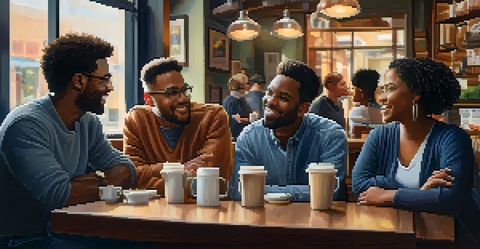A diverse group of people in a coffee shop sharing experiences about job searches, creating a warm and supportive atmosphere.