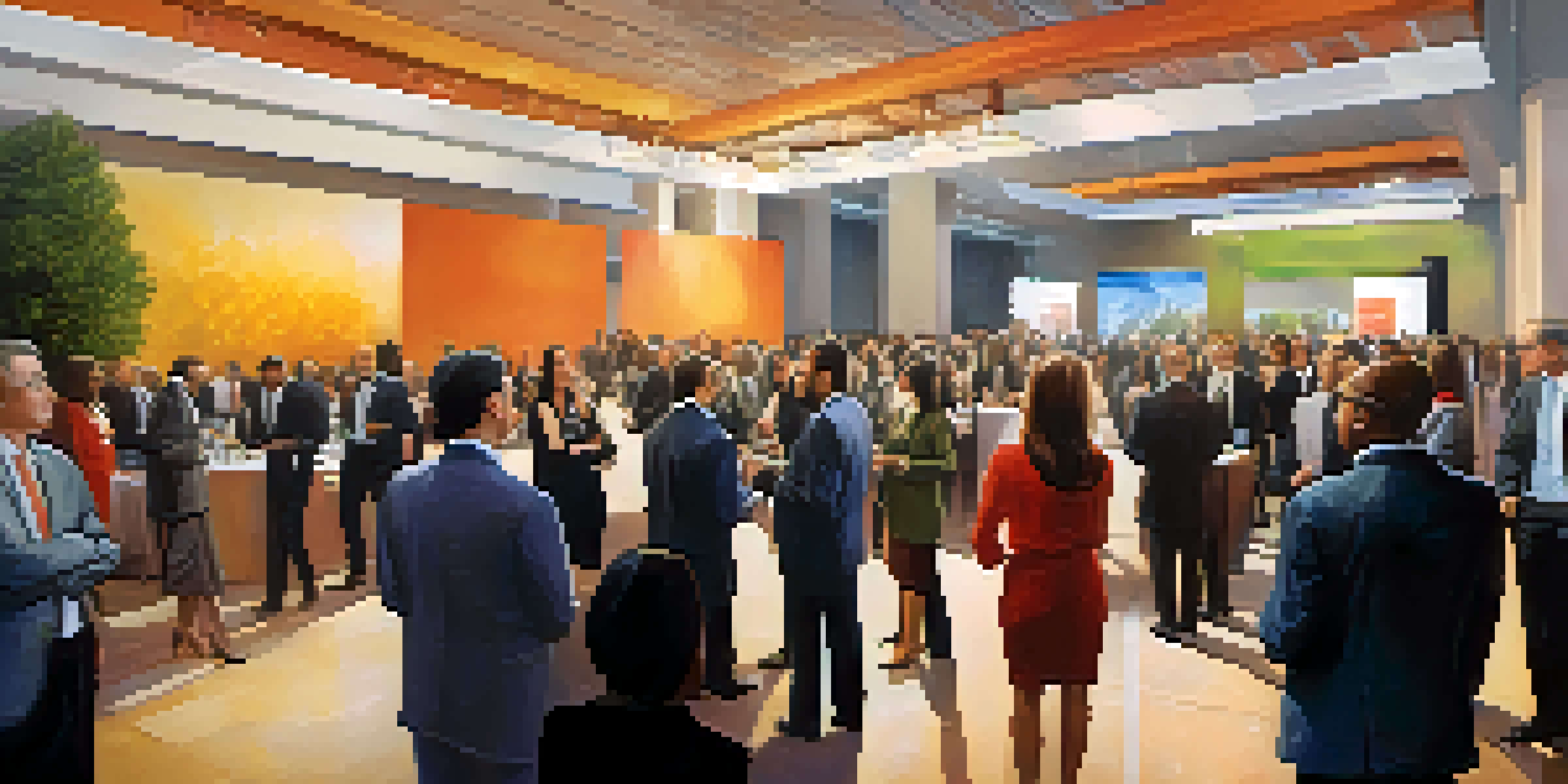 A group of diverse professionals networking at a conference, engaged in conversation in a modern hall with soft lighting and industry banners.
