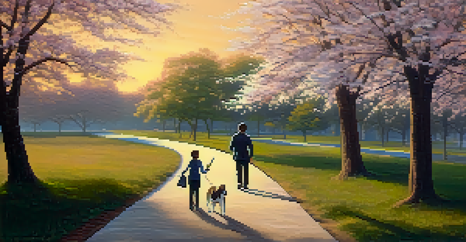 A mentor and mentee walking in a park, discussing future aspirations with the sunset in the background.