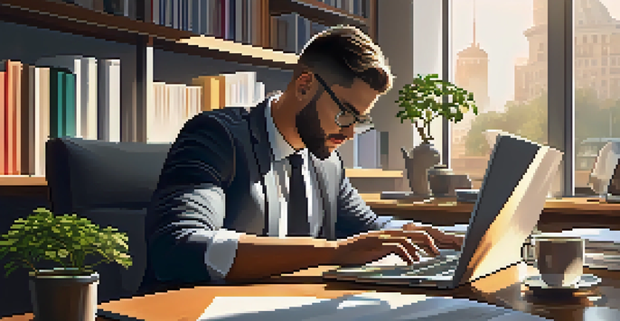 A young professional focused on their laptop in a bright office with books and a coffee cup around them.