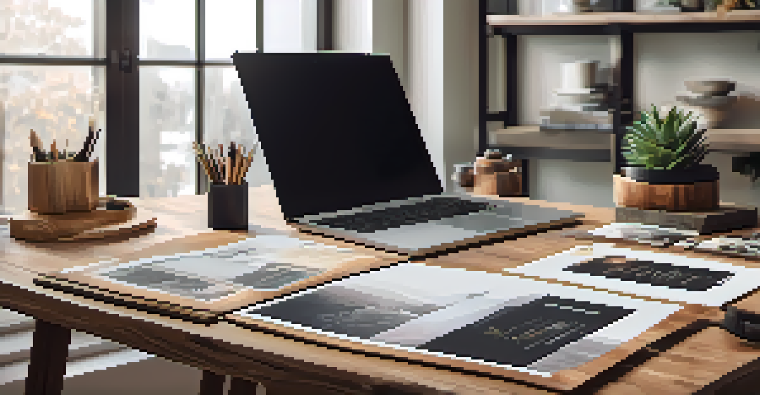 An elegant display of a portfolio with printed designs on a wooden table, illuminated by warm light.