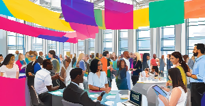 A lively networking event with diverse individuals interacting in a tech-oriented setting, surrounded by modern banners and gadgets.