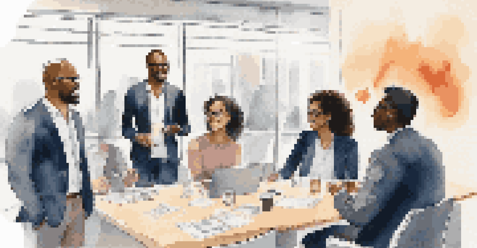 A group of diverse professionals networking and discussing in a modern conference room.