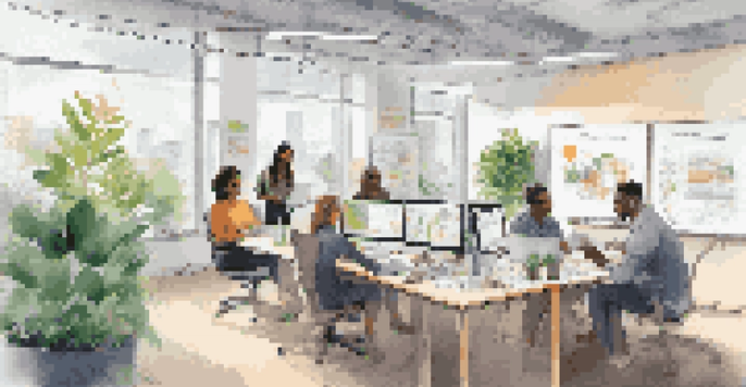 A diverse group of employees in a bright office brainstorming around a whiteboard filled with notes.