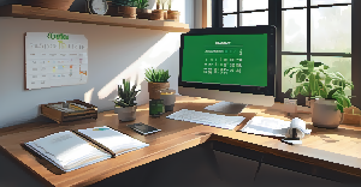 A well-organized workspace with a laptop, notepad, coffee cup, and plants, illuminated by natural light from a window.