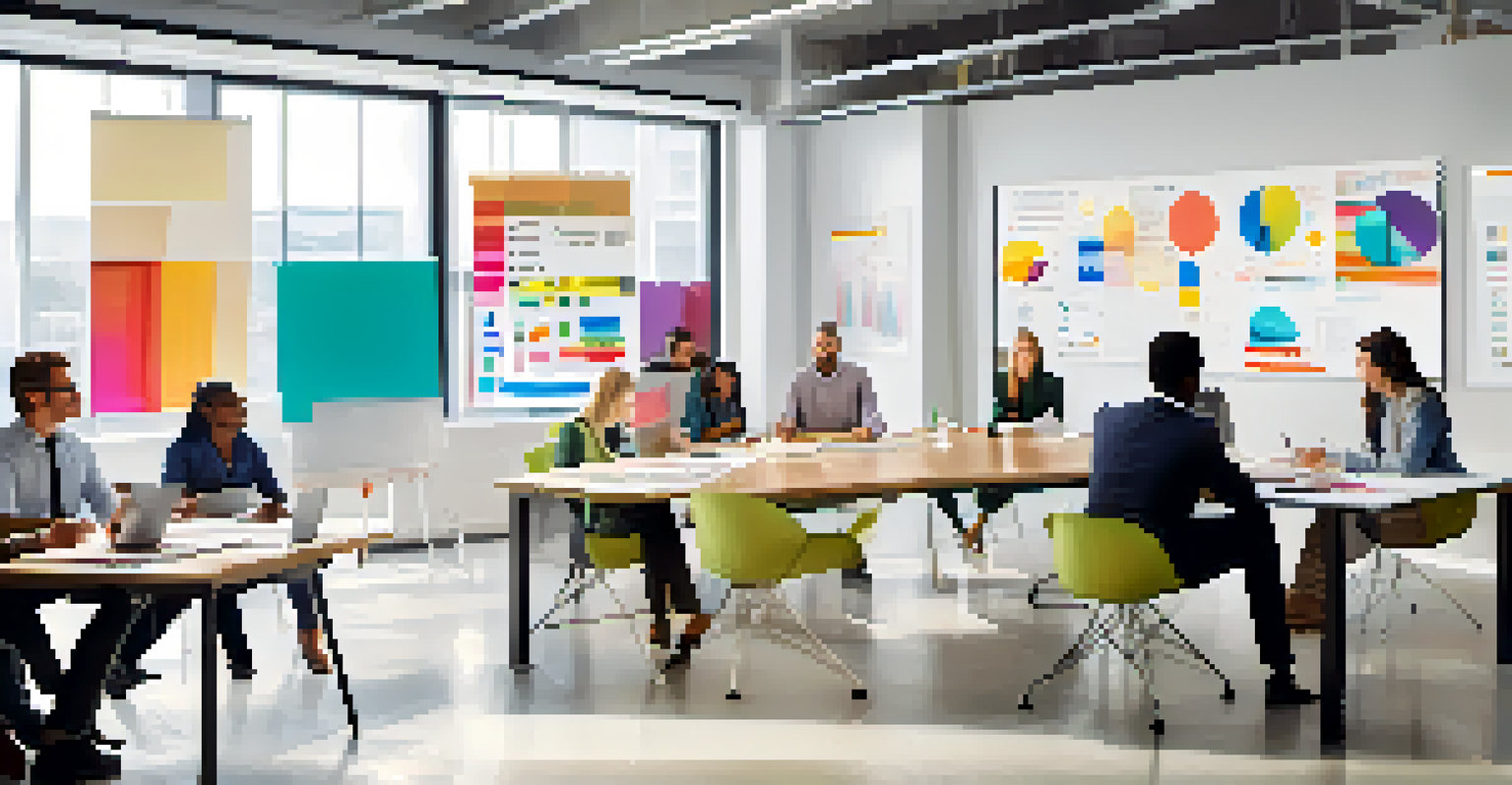 A group of diverse professionals collaborating around a table with charts and notebooks, engaged in a brainstorming session in a modern office.
