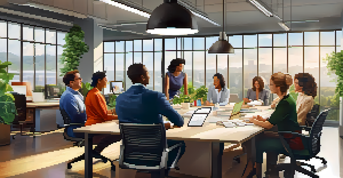 A diverse group of employees collaborating in a bright office space, surrounded by plants and inspirational quotes.