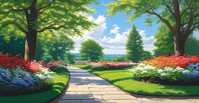 A peaceful park with a winding path, blooming flowers, benches, and a clear blue sky.