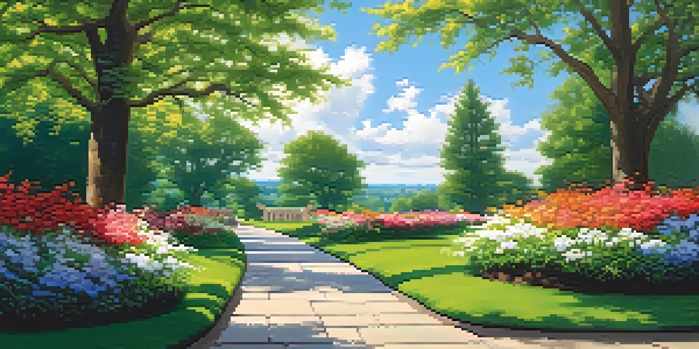 A peaceful park with a winding path, blooming flowers, benches, and a clear blue sky.