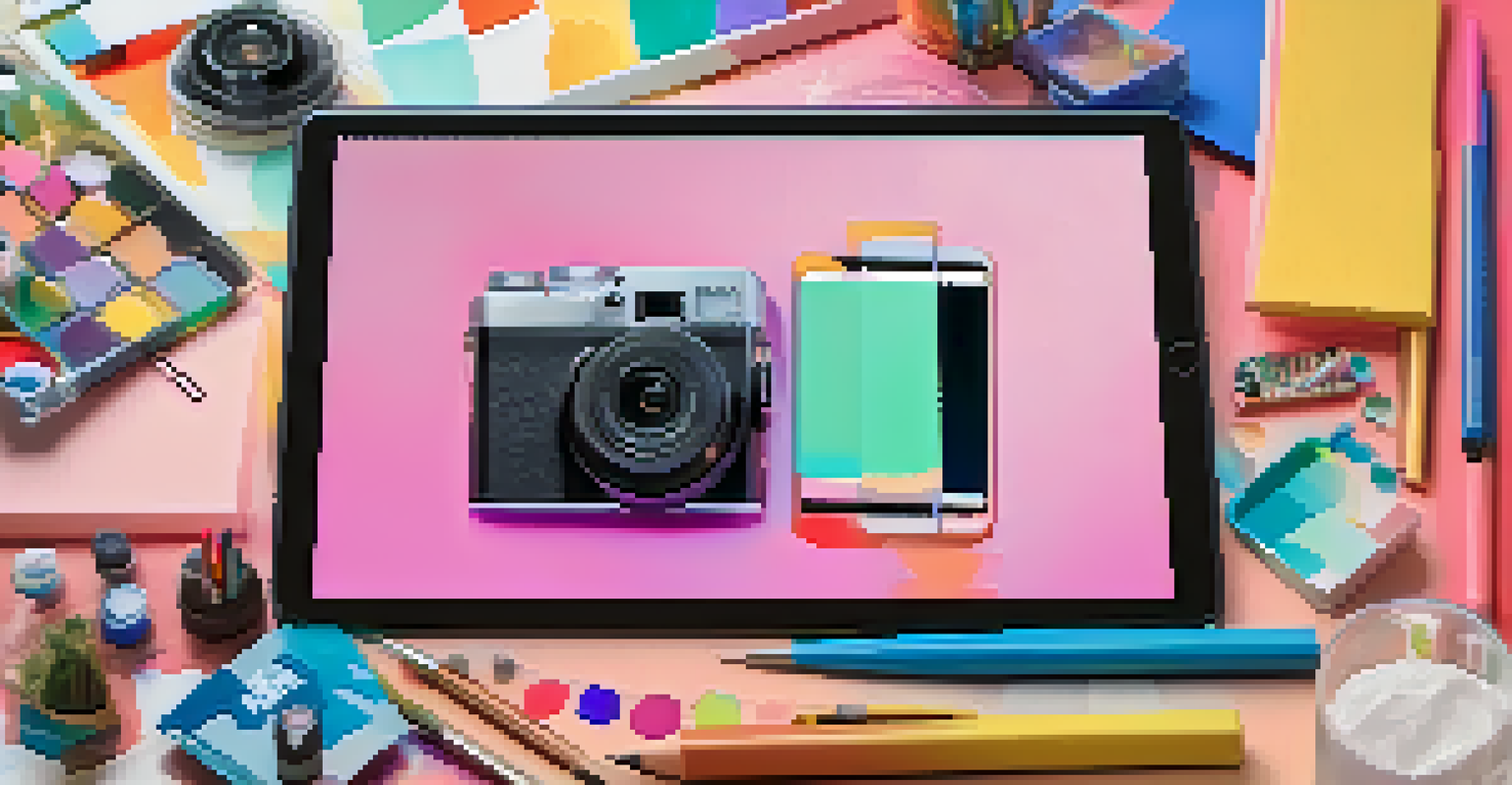 A creative workspace with a smartphone, camera, and colorful stationery, set against a vibrant mood board, showcasing the process of social media content creation.