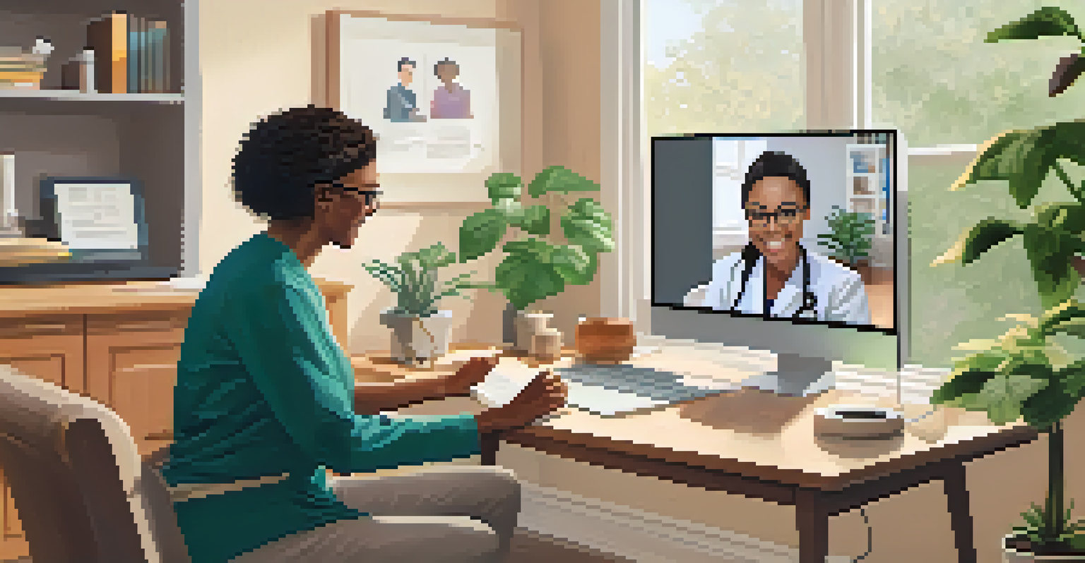 A patient engaging in a telehealth consultation on a computer with a healthcare provider on screen.