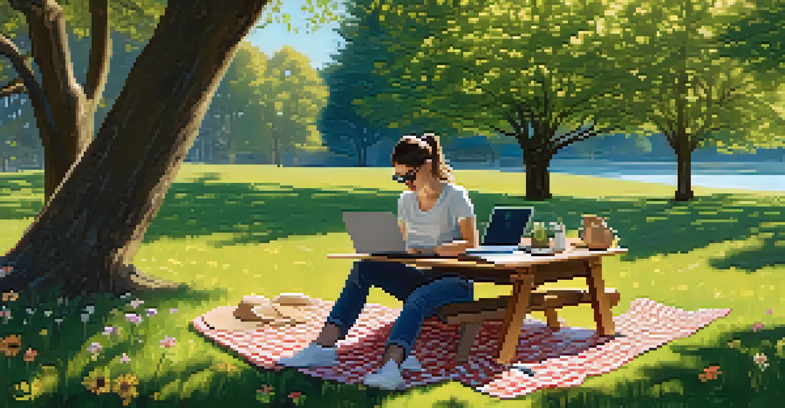 A freelancer working on a laptop outdoors on a picnic blanket in a park, surrounded by nature, embodying a flexible lifestyle.