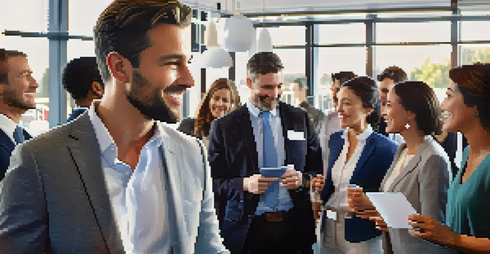 A confident professional at a networking event, surrounded by diverse people in conversation, with bright natural light illuminating the scene.