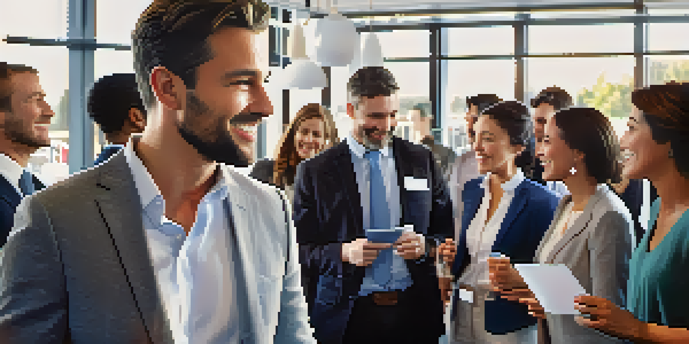 A confident professional at a networking event, surrounded by diverse people in conversation, with bright natural light illuminating the scene.