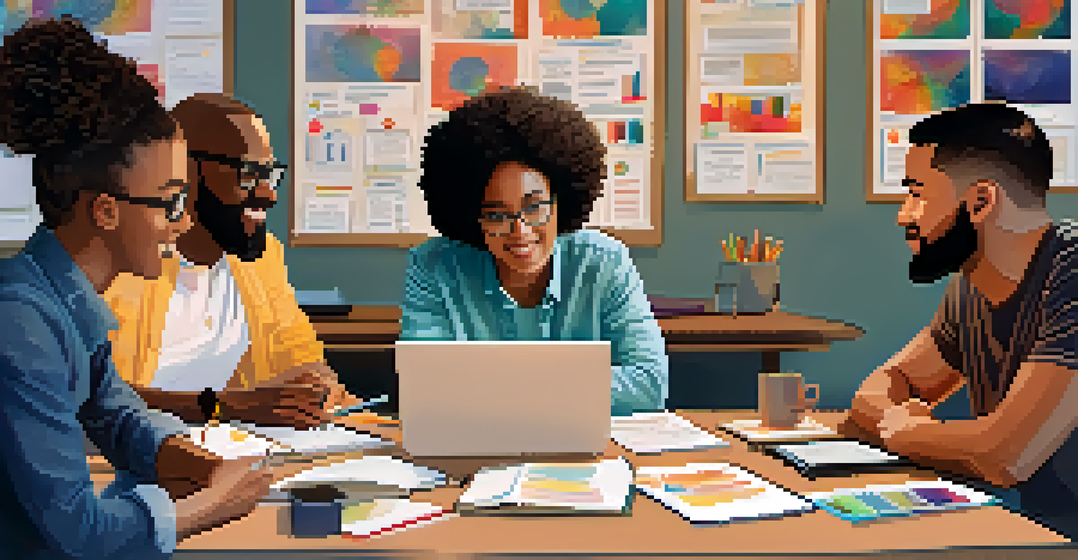 A diverse group of professionals discussing ideas around a table with laptops and notebooks, in a room filled with motivational posters.