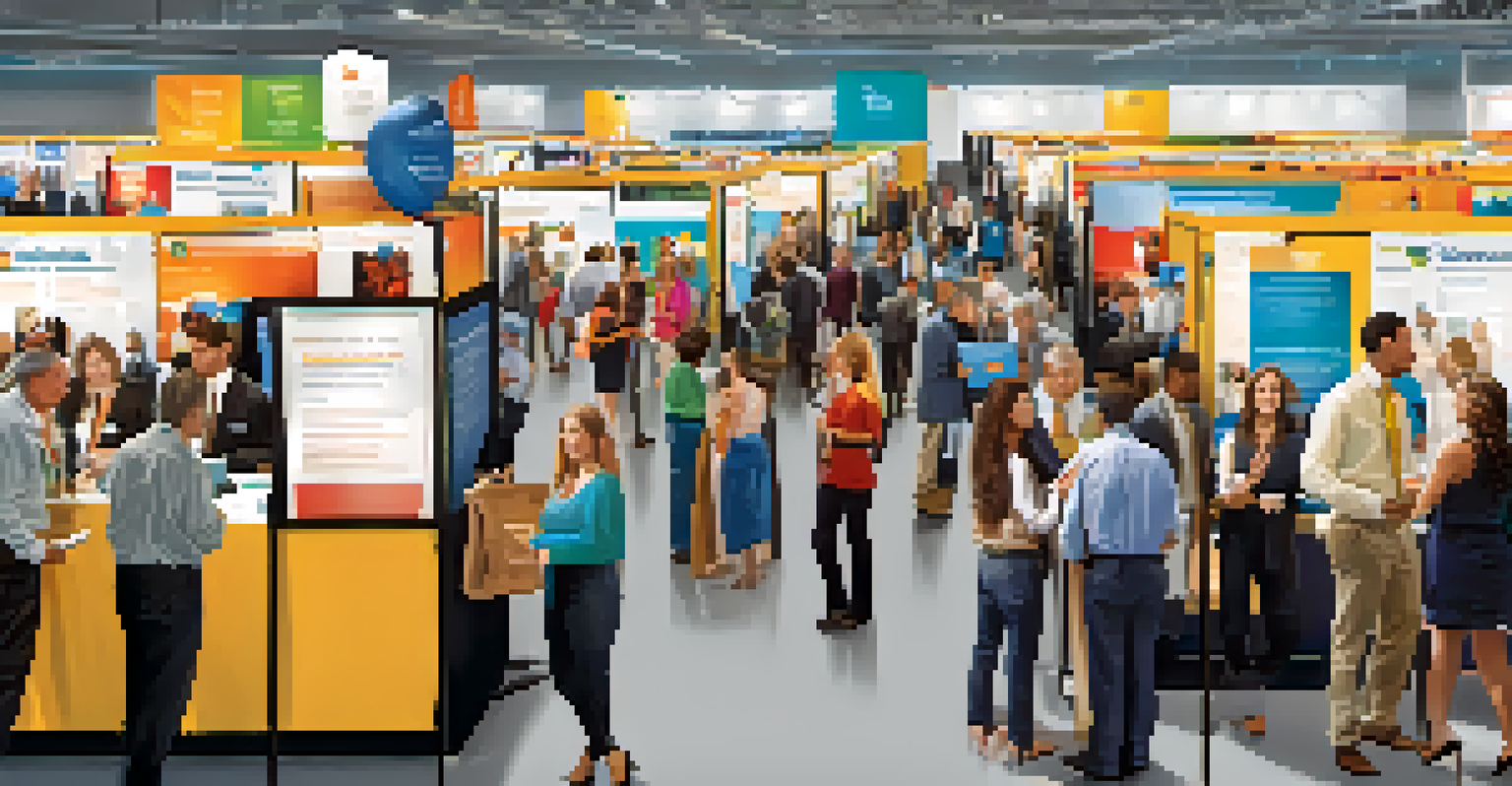A lively career fair with colorful booths and people networking, creating a vibrant atmosphere.