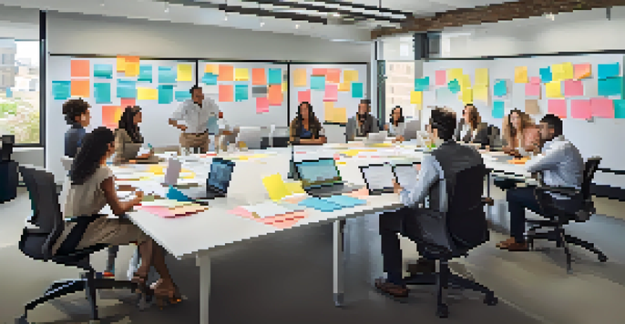 A diverse group of professionals collaborating and brainstorming in a brightly lit conference room with sticky notes and laptops.