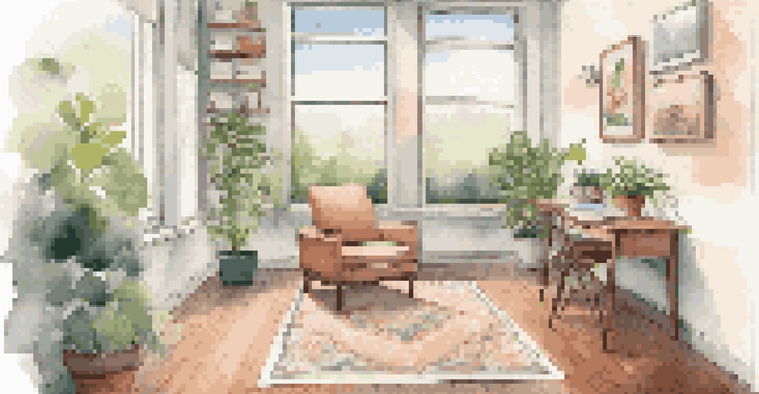 A bright office space with a reading nook, plants, and a yoga mat, reflecting a culture of self-care.