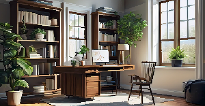 A cozy home office with a wooden desk, laptop, plant, and coffee mug, illuminated by warm sunlight.