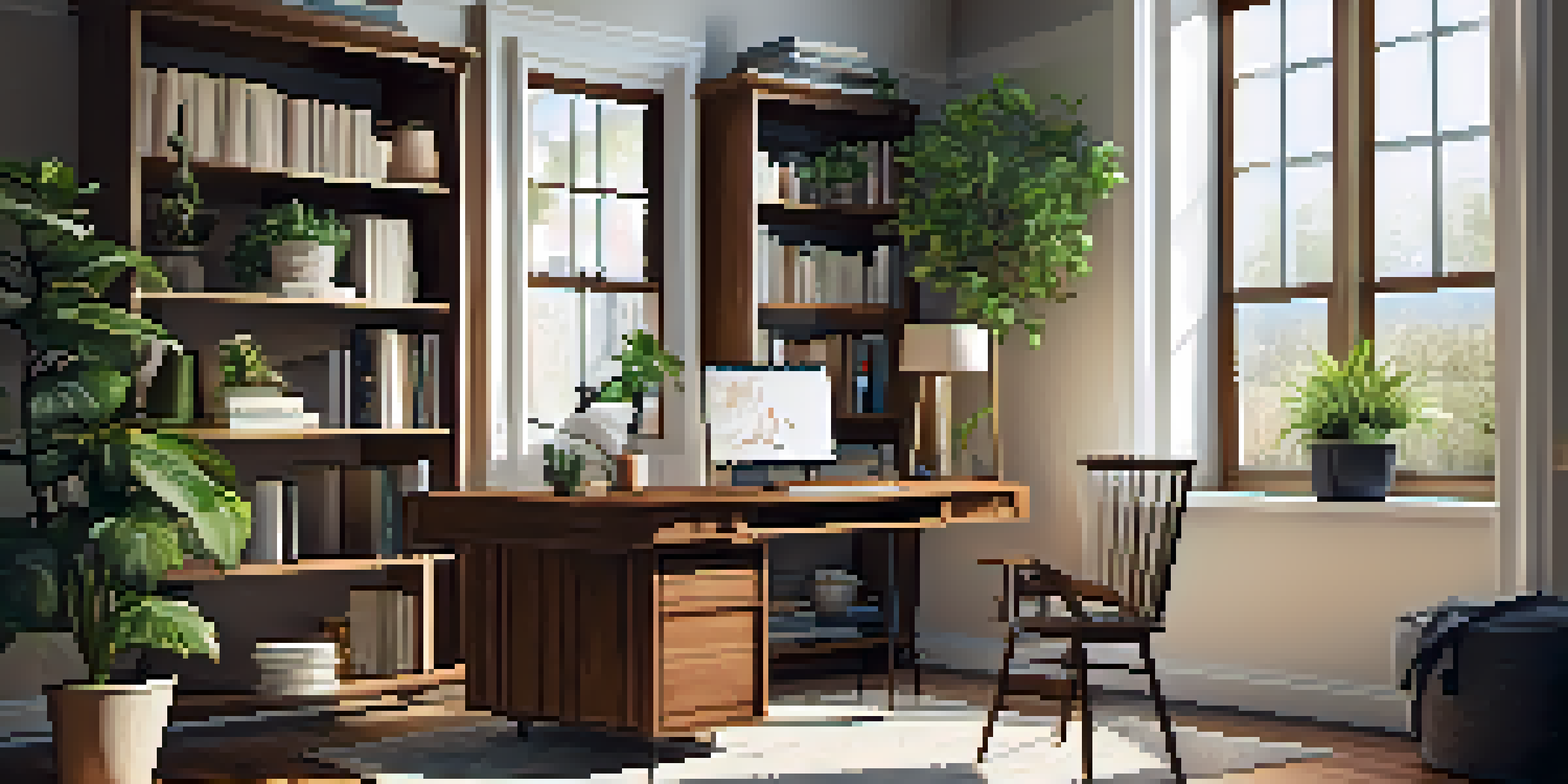 A cozy home office with a wooden desk, laptop, plant, and coffee mug, illuminated by warm sunlight.