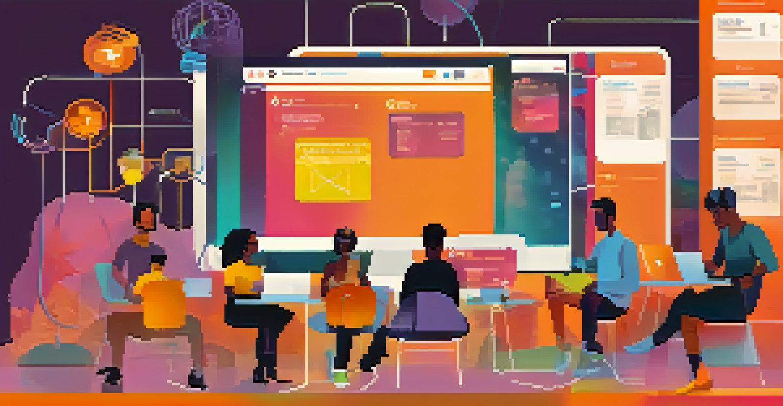 A digital interface showcasing connections between gig workers and clients, with diverse individuals working on laptops in the background.