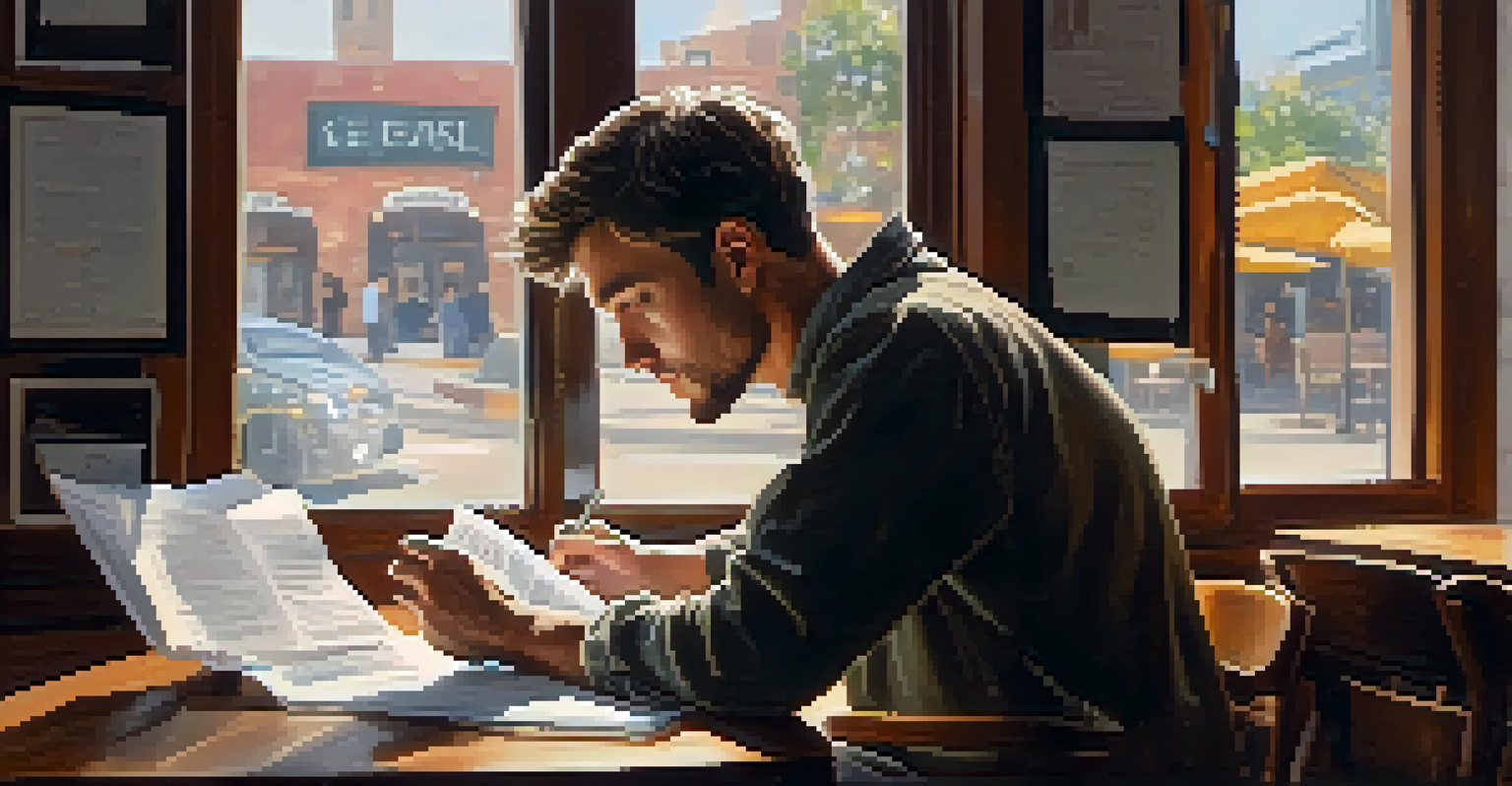 A person practicing their elevator pitch in a cozy coffee shop, with a laptop, coffee cup, and scattered notes on the table.