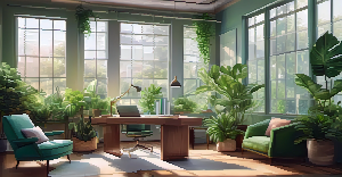 A bright and airy office space with a person working at a desk surrounded by plants, featuring large windows that let in sunlight.