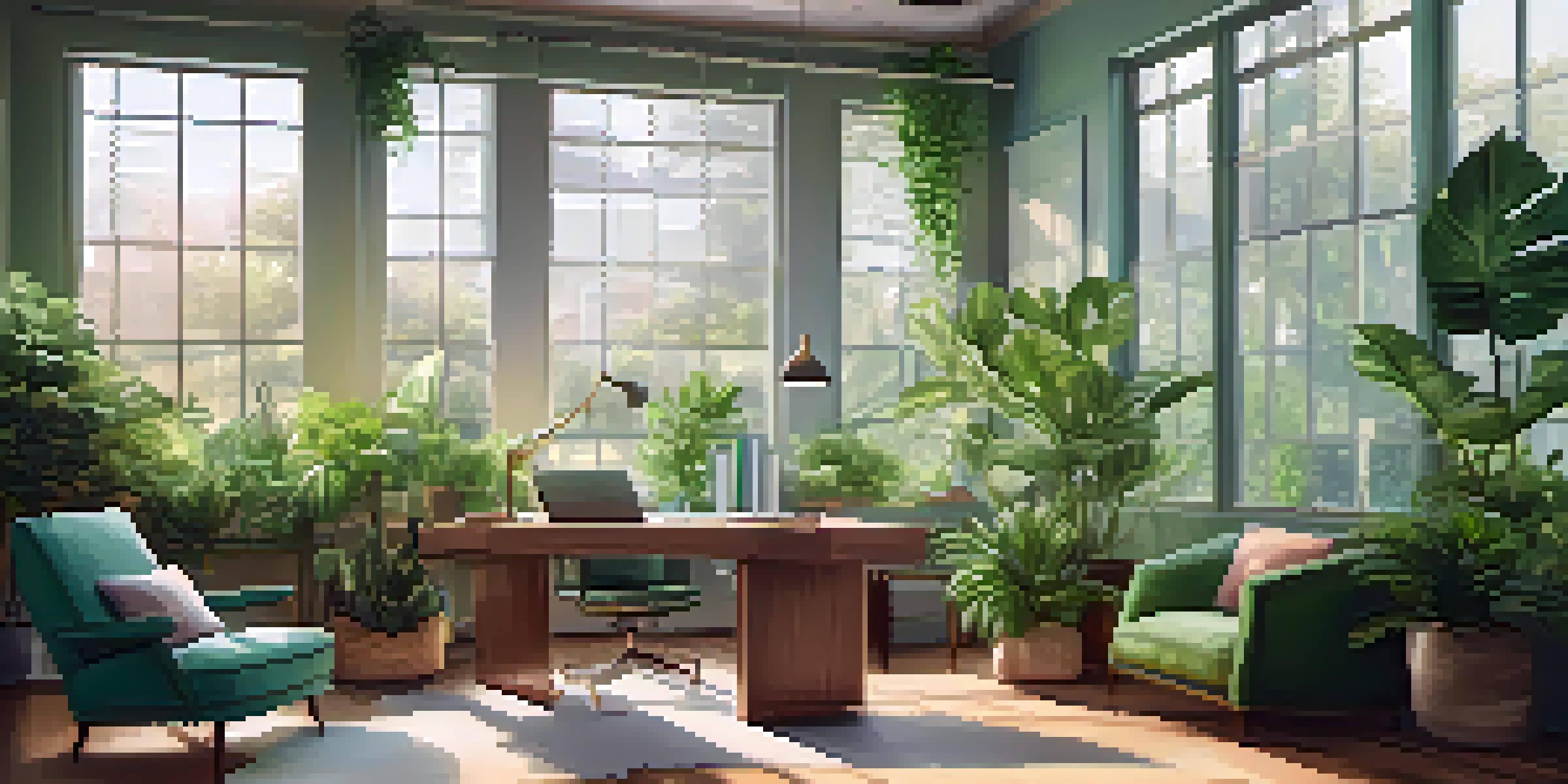 A bright and airy office space with a person working at a desk surrounded by plants, featuring large windows that let in sunlight.
