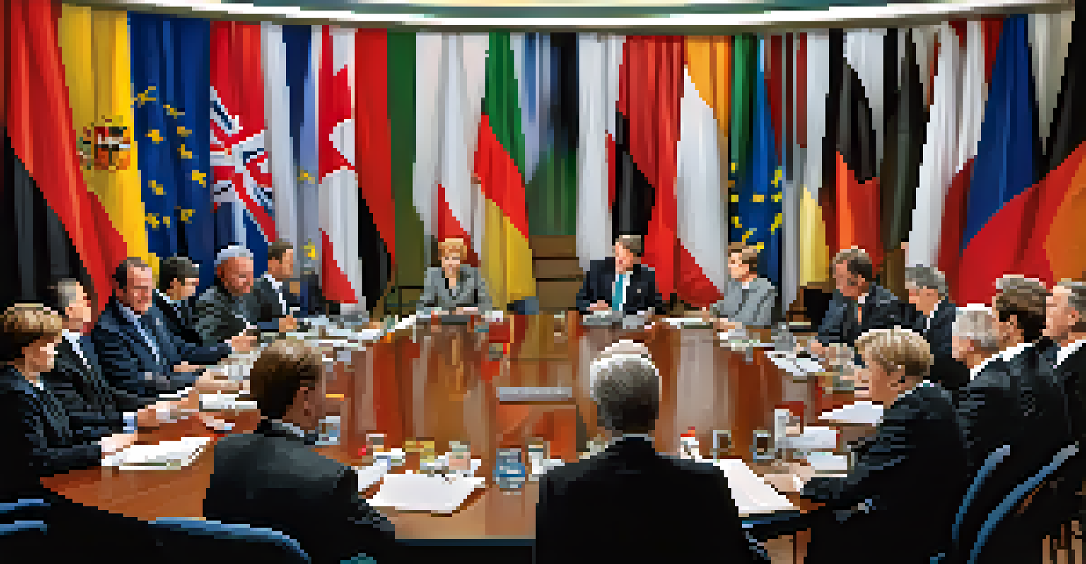 Angela Merkel participating in a roundtable negotiation with European leaders, surrounded by flags and documents.