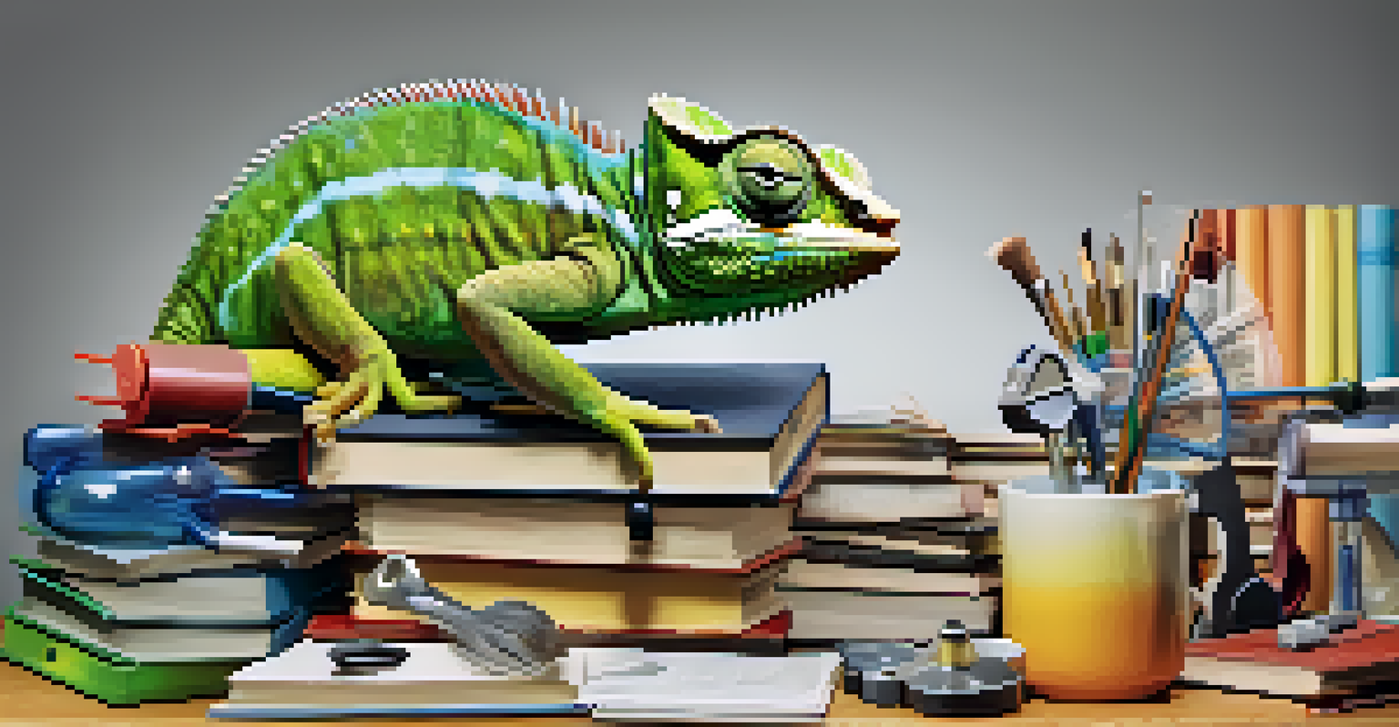 A chameleon blending into various environments, surrounded by career-related items, with a colorful background representing change and adaptability.