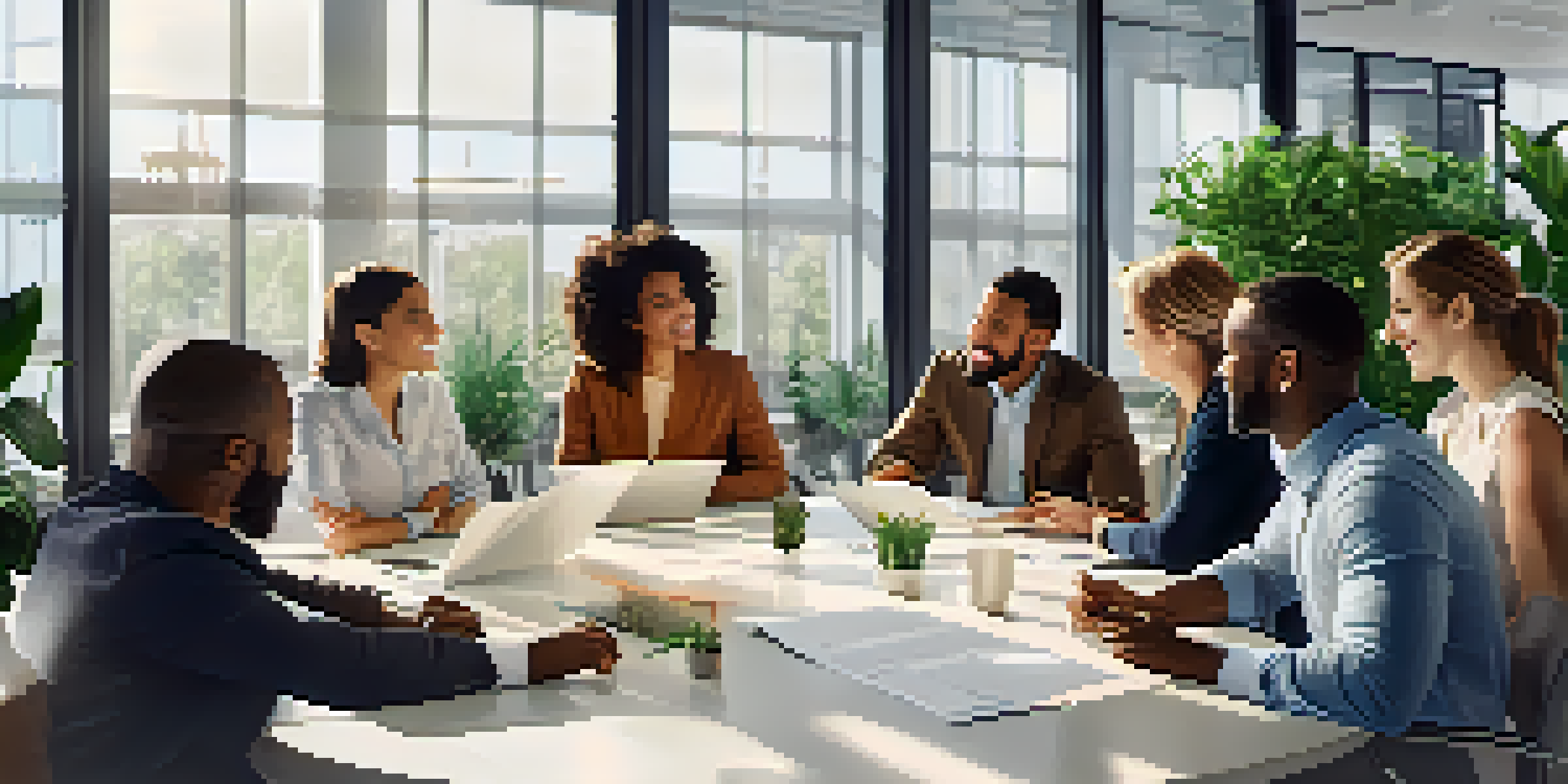 A diverse team of employees having a positive discussion in a modern office, demonstrating emotional intelligence.