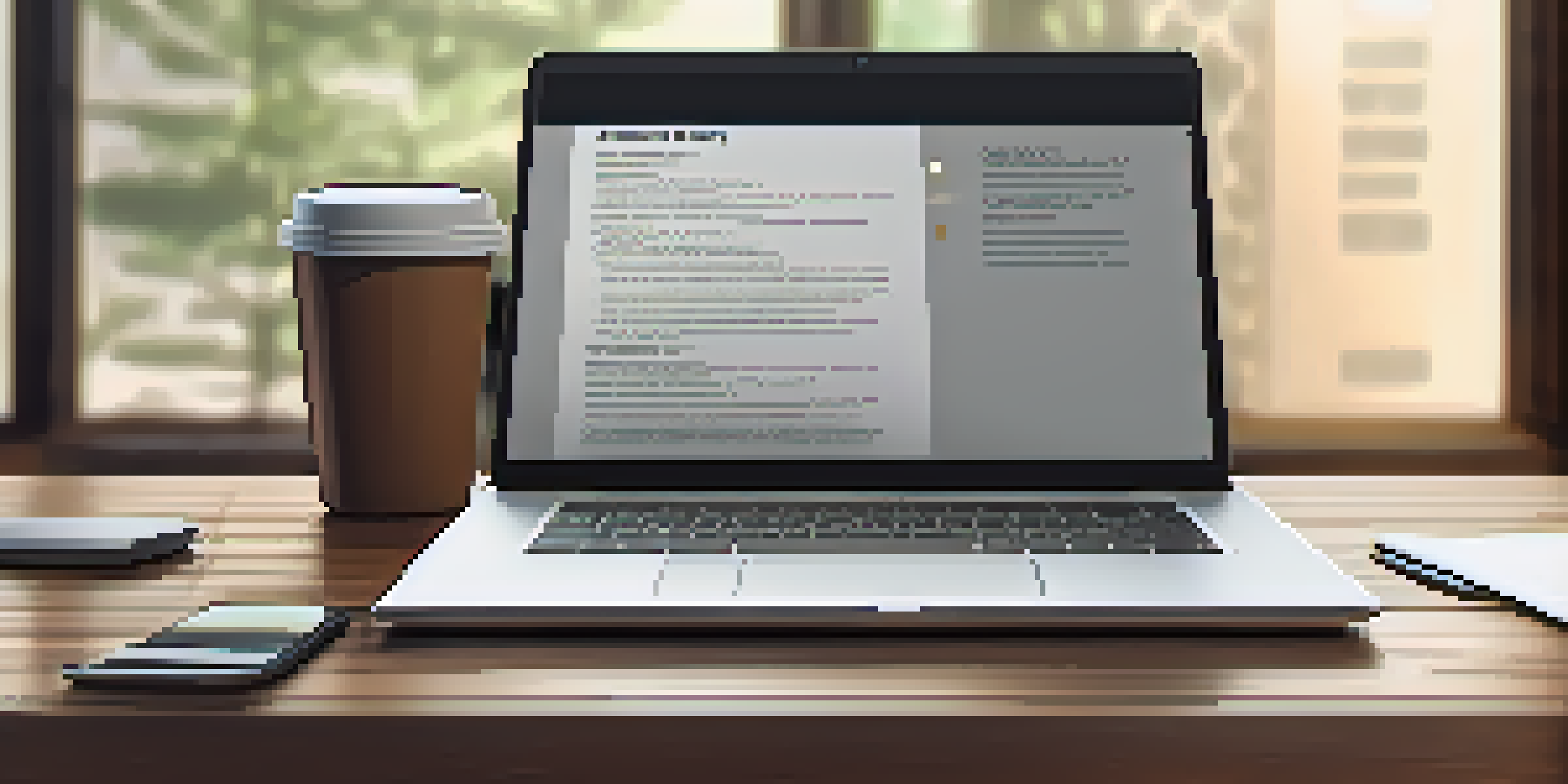 A well-organized resume on a wooden desk with a laptop and coffee, illuminated by natural light.