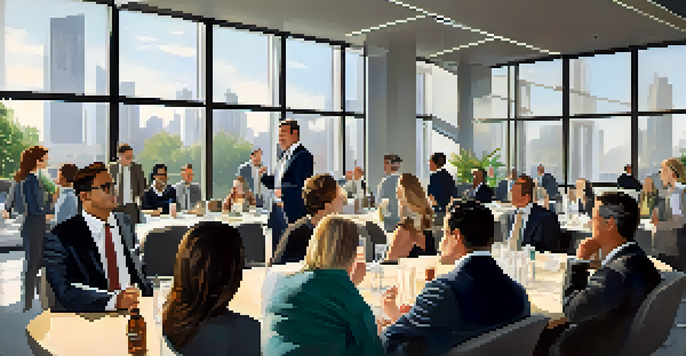 A networking event showcasing diverse individuals in business attire engaged in conversations, with a well-lit modern office environment in the background.