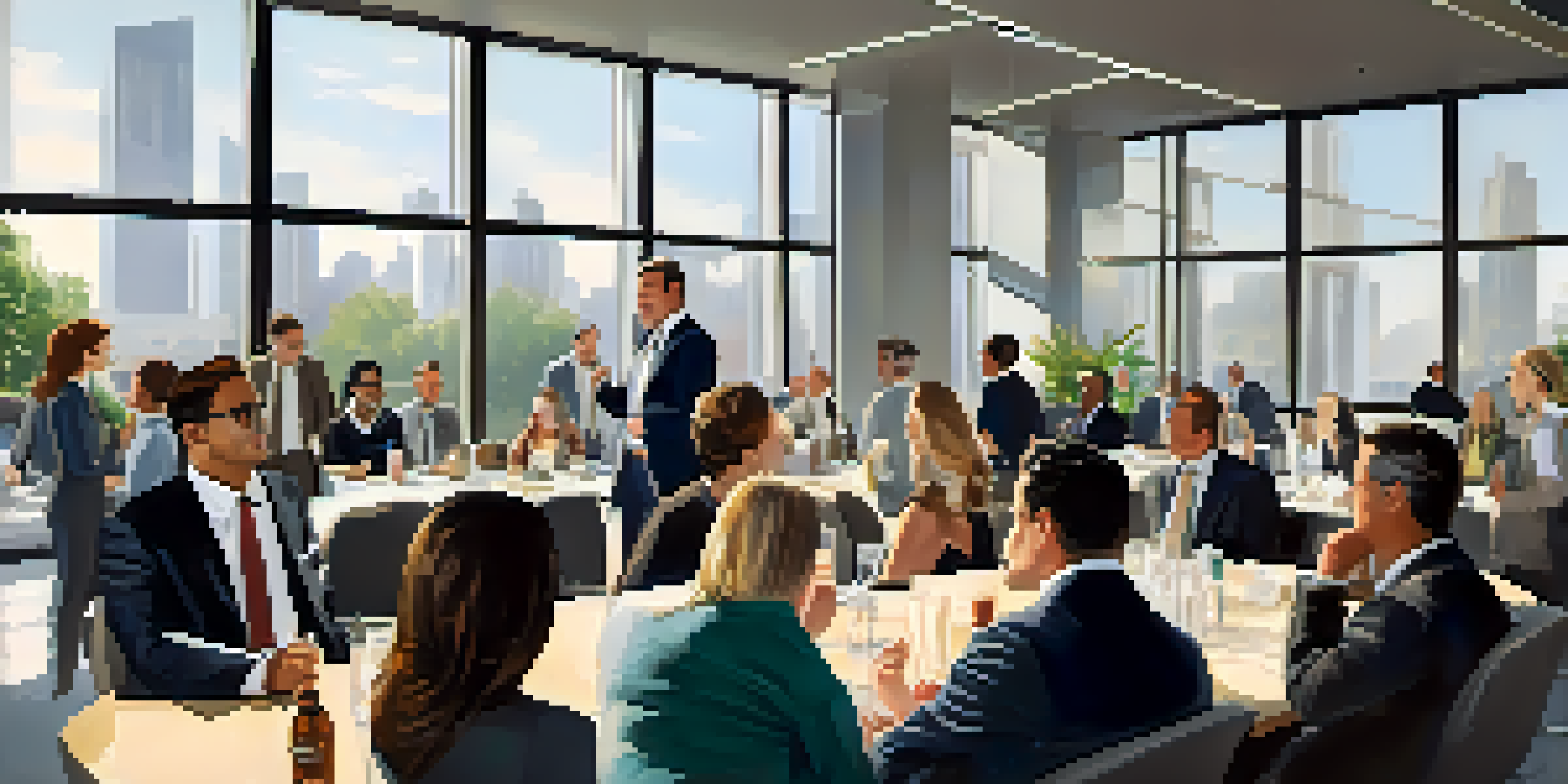 A networking event showcasing diverse individuals in business attire engaged in conversations, with a well-lit modern office environment in the background.
