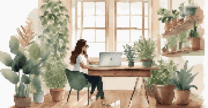 A professional woman at a desk with a laptop, working on her personal brand in a bright, plant-filled room.