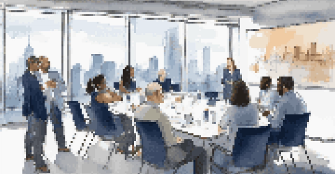 A diverse group of professionals discussing certifications around a conference table in a bright office with a city skyline view.